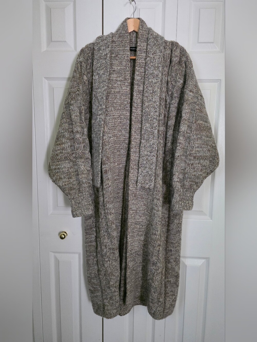 Mohair Wool Blend Belted Long Taupy- Beige Cable Knit Cardigan L-XL - Picture 3 of 13